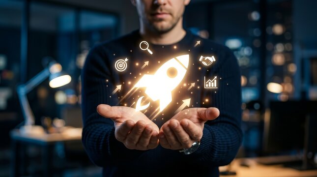 Startup launch and business growth represented by a hand holding a bright rocket icon and icons.