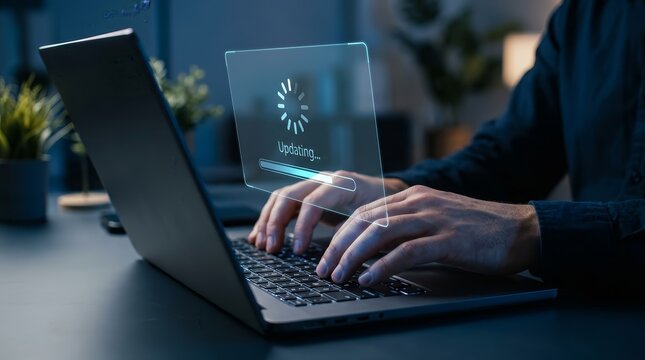 Application upgrades and software update progress on a laptop screen with security interface.