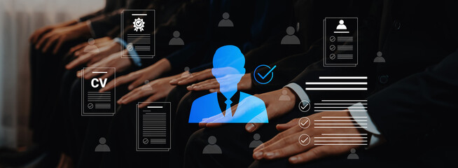 A visually dynamic scene depicting a job interview environment featuring businessmen and digital...
