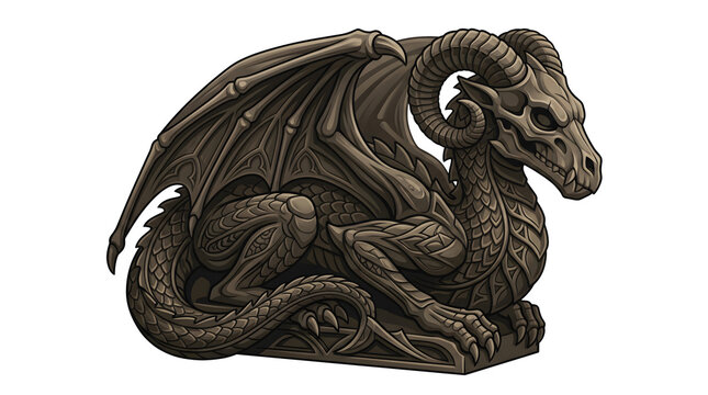Gargoyle dragon statue with curled ram horns for gothic architecture concepts and halloween graphics.