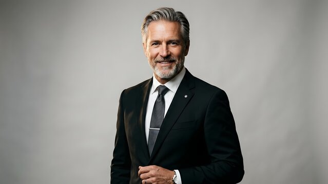 Mature businessman with distinguished gray hair and beard smiling confidently in a suit
