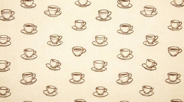 Seamless coffee pattern with hand drawn vintage coffee cup sketches on beige paper background