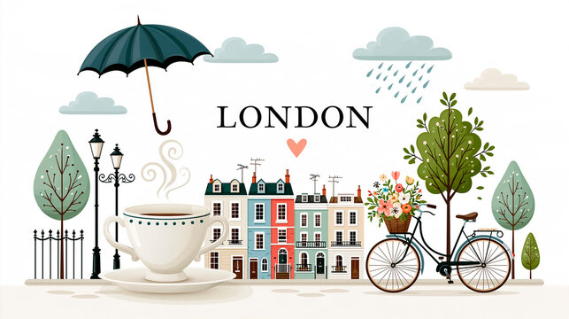 Beautiful cute card design London, house, coffee cup, umbrella, bicycle with flowers flat design