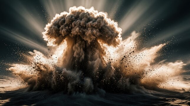 Giant dust cloud explodes outward. Intense particles disperse against dramatic rays of light. Powerful force creates a massive spectacle. Nature shows immense energy release.