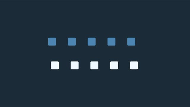Minimalist loading animation with blue and 4k white squares moving on dark background, progress indicator