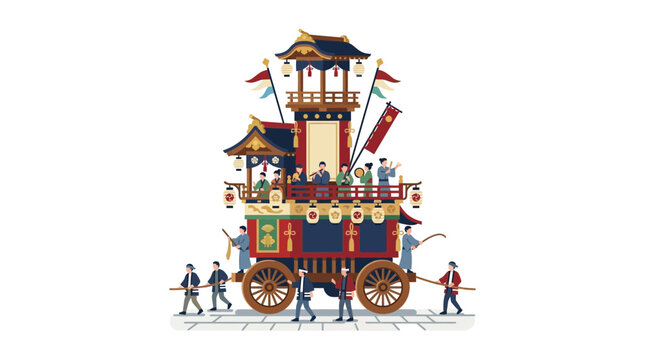 People pulling large decorative Japanese matsuri festival float.
