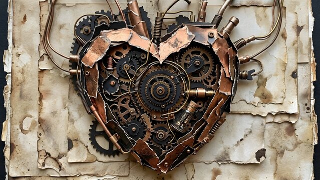 Steampunk mechanical heart made of gears, pipes, and copper pieces, intricately crafted and attached to aged paper.