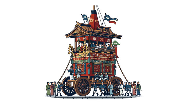 People pulling traditional Japanese Yamaboko festival float.