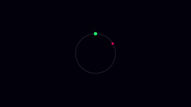 Minimalist loading spinner animation with orbiting dots on dark 4k background, progress