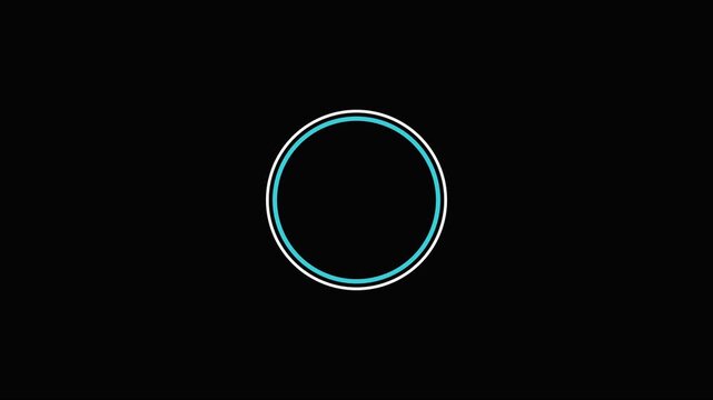 Minimalist loading spinner animation with cyan and 4k white rings on black background, progress indicator