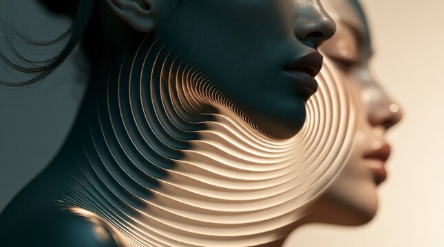 Abstract portrait of woman with glowing spiral light patterns on skin and face