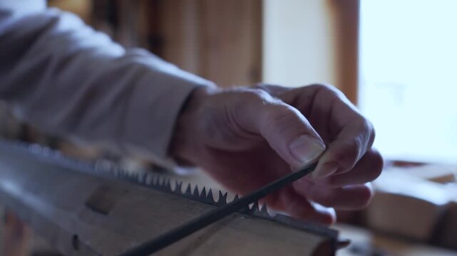Close-up hand guiding narrow metal saw blade into serrated clamp on wooden workbench under soft daylight, showing careful alignment of blade edge for cutting