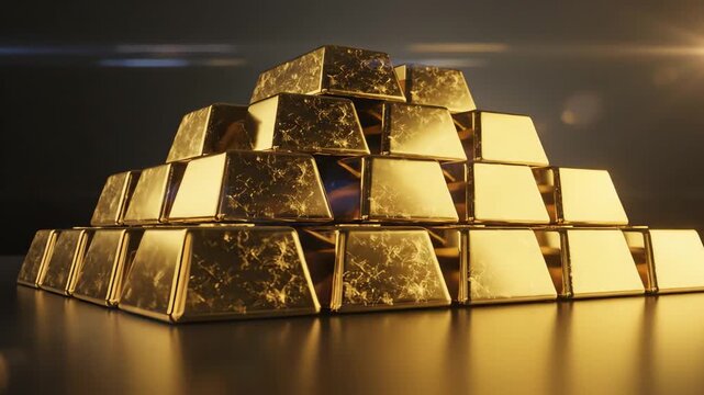 Stack of gold bars pyramid on dark background
