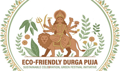 Fototapeta premium Eco-Friendly Durga Puja Sustainable Celebration Poster with Goddess Durga Riding Lion Surrounded by Green Botanical Leaf Wreath Border