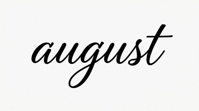August month name written in elegant black cursive script. Minimalist typography design on plain white background. Simple calligraphy text for calendar, planner seasonal schedule concept. Perfect