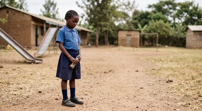 African schoolgirl standing alone holding water bottle in rural school yard. Developing country education concept