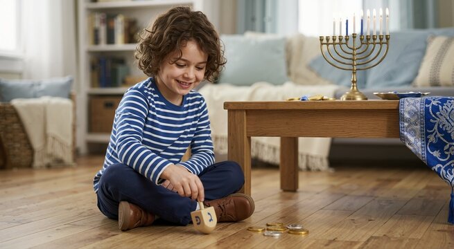 Smiling young boy spinning a wooden dreidel on the floor. Child playing a traditional Hanukkah game with chocolate gelt coins. Lit menorah in the cozy living room background