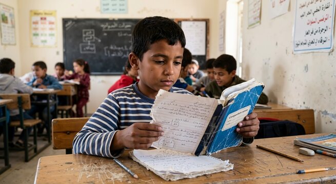 Arab boy reading from torn notebook at wooden desk. Focused student studying in modest classroom. Education and literacy in developing regions