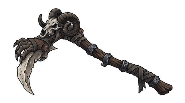 Gothic fantasy grim reaper scythe weapon with dark ram skull and wrapping for gaming interface.