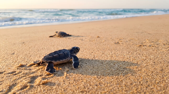 Sea Turtle on Sandy Beach by the Ocean Coast with Waves, Rocks and Cloudy Sky, Tropical Nature Landscape for Summer Vacation and Travel Background