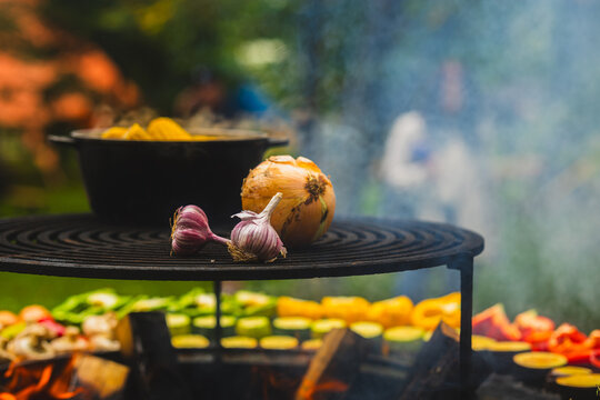Vegetables and garlic cooking on round open fire grill in park. Outdoor barbecue with flame and smoke. Summer picnic food preparation on charcoal brazier concept