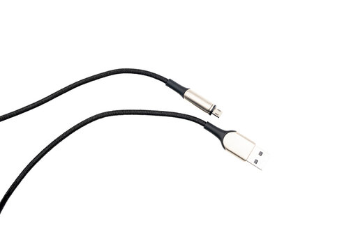 Black sub charging cable with a standard sub plug and round dc barrel connector, isolated on a transparent background.