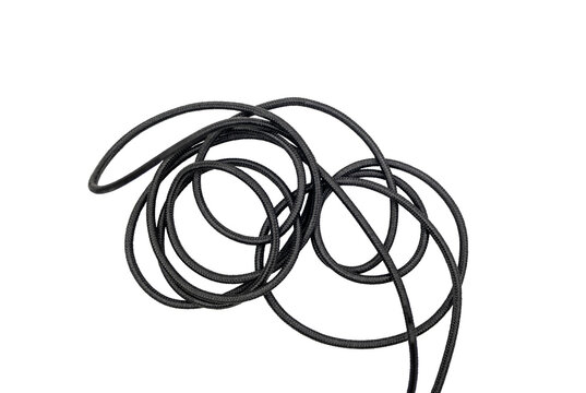 Tangled black cord coiled against a transparent background, showing loops, texture, and overlapping strands in a simple isolated composition.