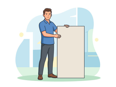 Man Holding A Blank Poster For Advertisement Or Information Display Purposes