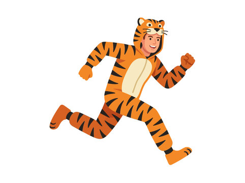 Man In Tiger Costume Running With Enthusiasm And Joy