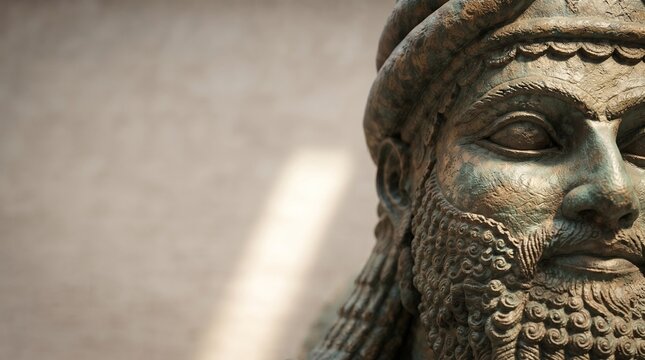 Close up of an ancient Mesopotamian weathered bronze statue with copy space