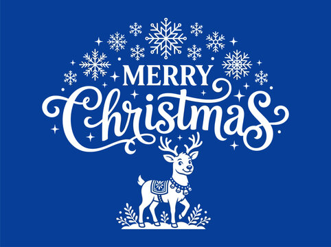 Merry Christmas Festive Greeting With Adorable Reindeer And Snowflakes Design