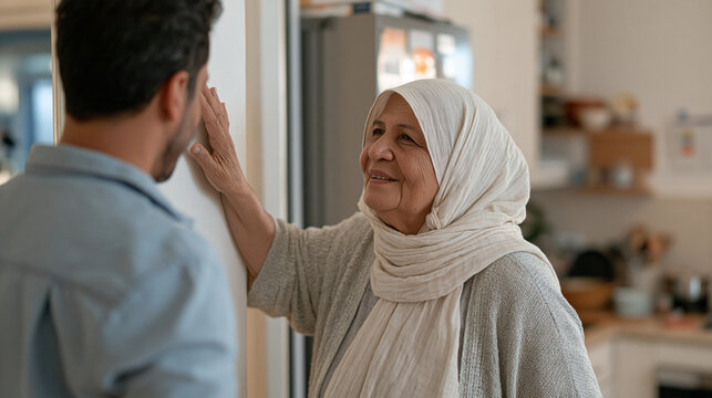 Iranian grandmother being shown the apartment she will share with her adult son's family, touching the wall texture and nodding approvingly, multigenerational home purchase