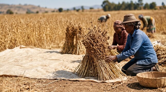 Farmers prepare sesame harvest on woven cloth