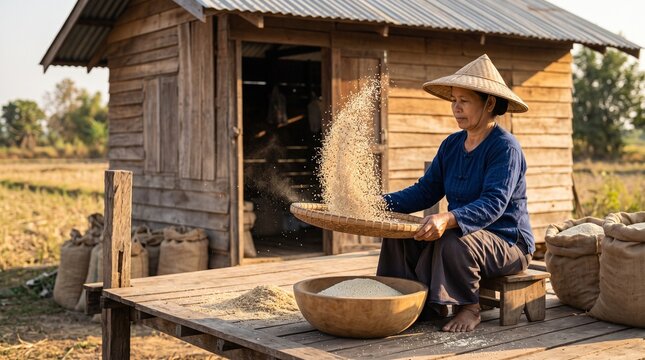 Farmer winnows cleaned white sesame seeds