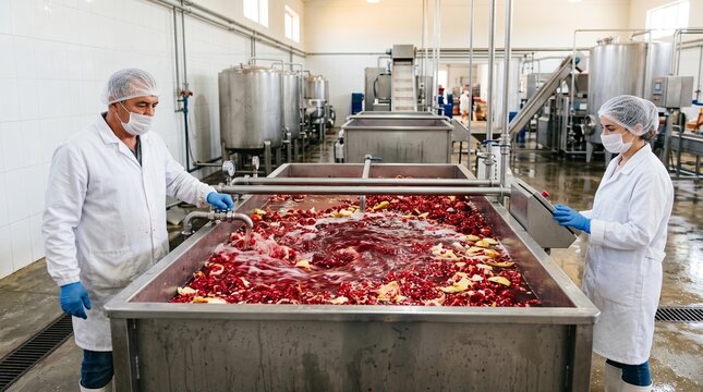 Operators supervise pomegranate aril separation tanks
