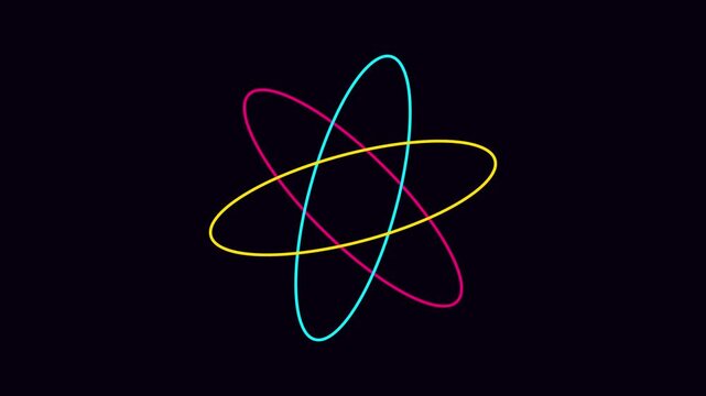 Neon atom model rotating animation, abstract science concept with glowing colorful orbits on 4k black background