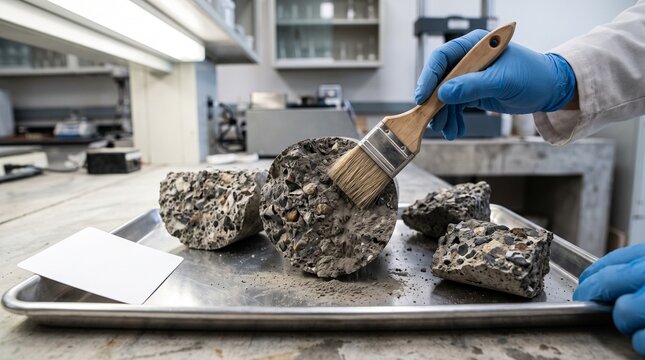 Engineer examines fractured fly ash concrete specimen