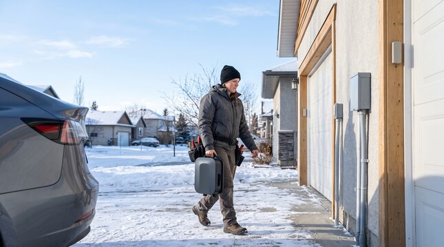 Installer arrives for a winter home EV charging setup