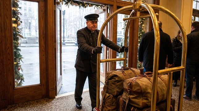Hotel Bellhop Pushing Luggage Cart with Bags in Lobby During Winter Holidays