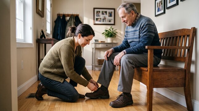 Caring woman helps elderly man tie shoelaces while he sits on a wooden bench indoors