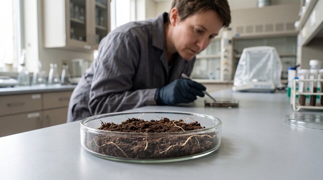 Lab technician examines root tips in a soil sample dish