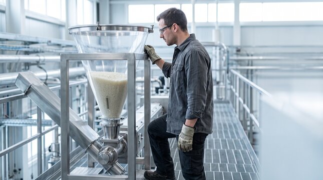 Worker checks pellet flow in a clear feed hopper