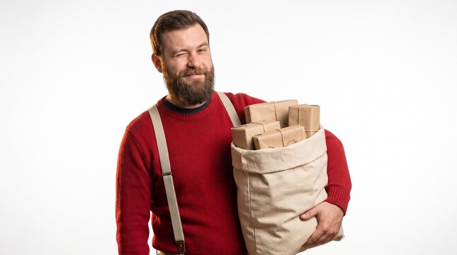 Bearded man in red sweater and suspenders winks while carrying a bag full of wrapped gifts