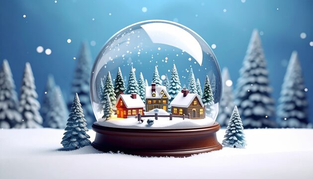 Snow globe with winter village 3D illustration