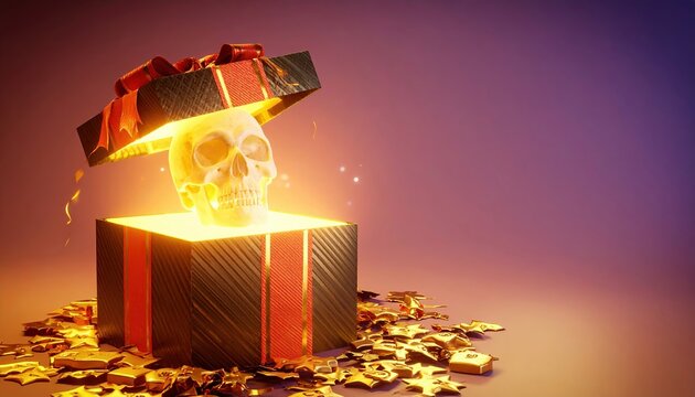 Halloween open gift box with skull, 3D Illustration