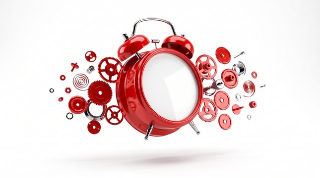 Red Alarm Clock with Exploded Gears and Springs on White Background