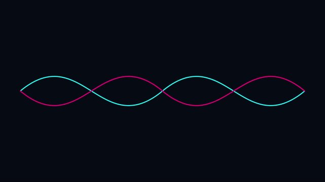 Neon sine wave animation: intertwining pink and cyan oscillating lines on dark 4k background, for abstract motion