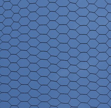 Hexagonal wire mesh fence against blue sky