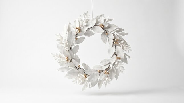 Elegant White Leaf Wreath with Gold Berries Suspended Against a Clean White Background