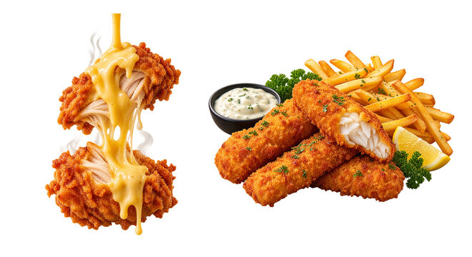 Golden fried fish fingers with french fries and tartar sauce served with lemon and parsley.